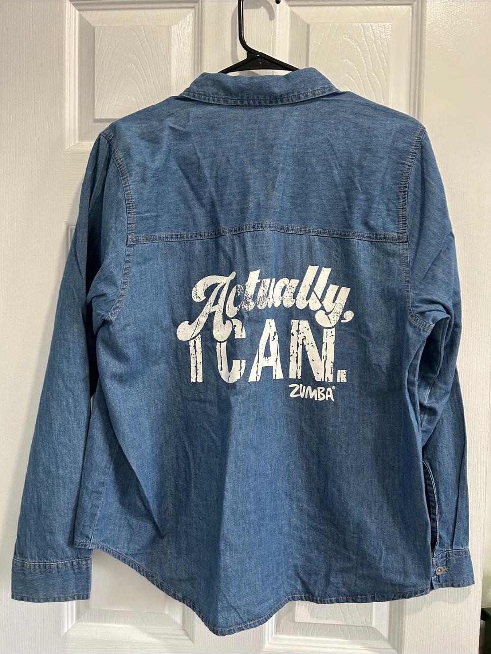 NWOT Zumba Fitness Denim Blue Button-Down Shirt with White Back Graphic
